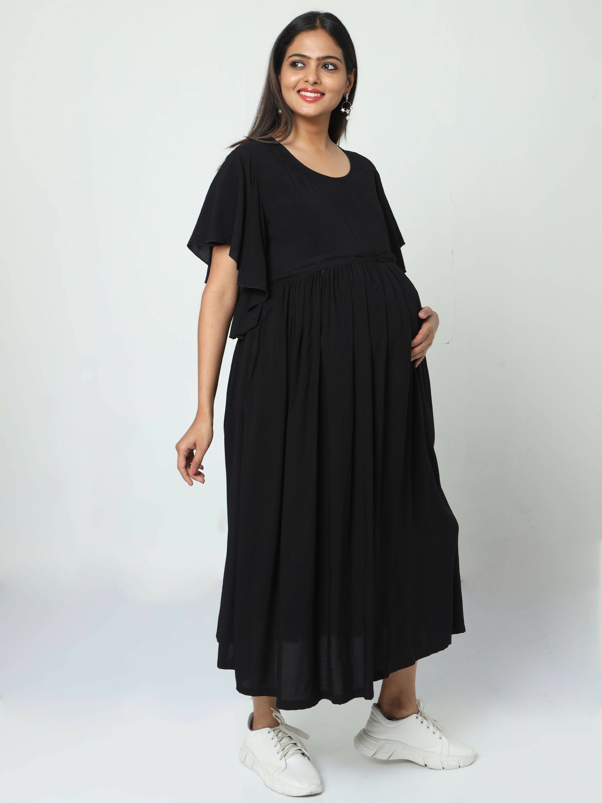 Manet Maternity Frill Slevee Solid Dress With Concealed Zipper Nursing Access - Black