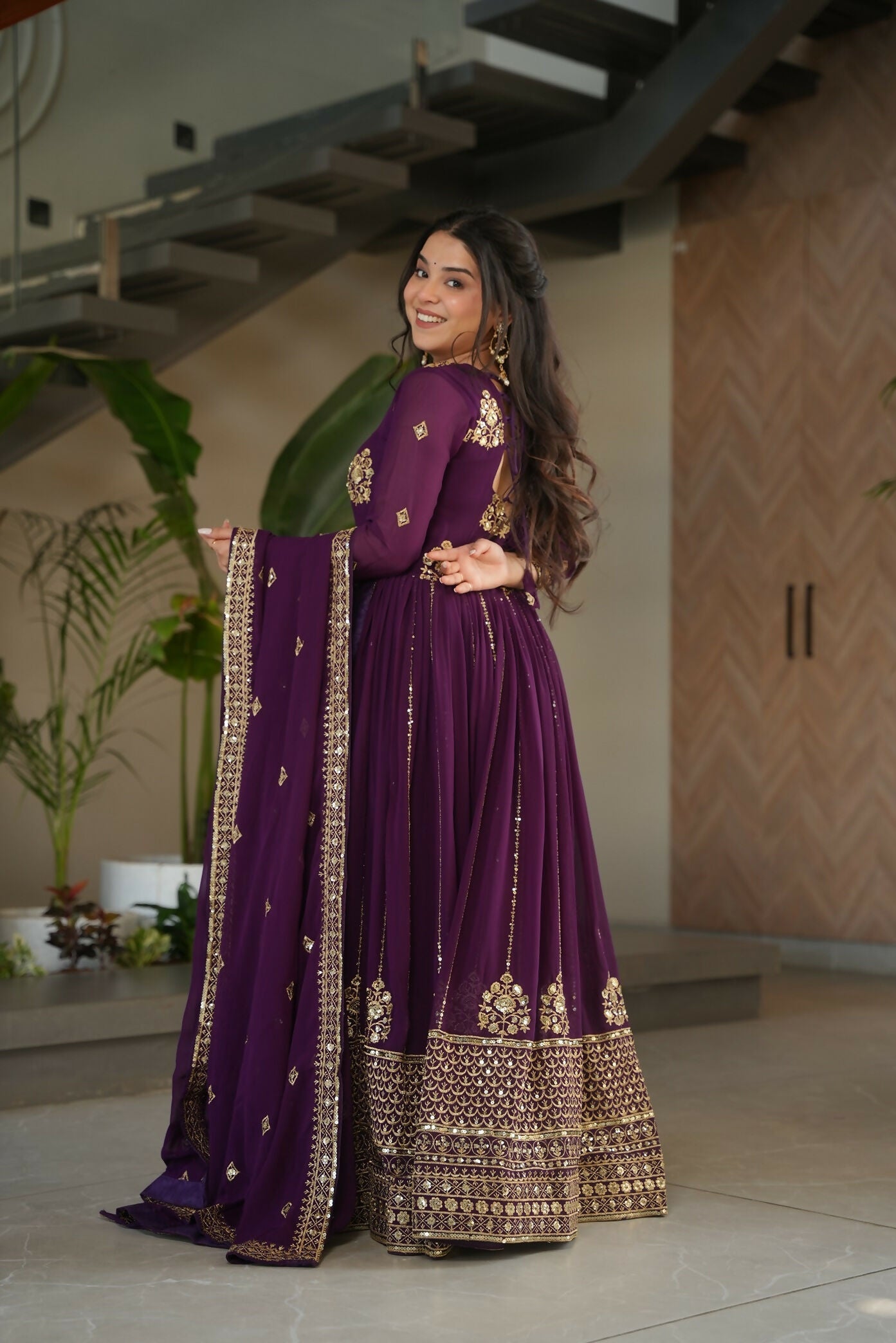 Joban Fashion Wine Georgette Sequence Embroidery Work Kurta Set