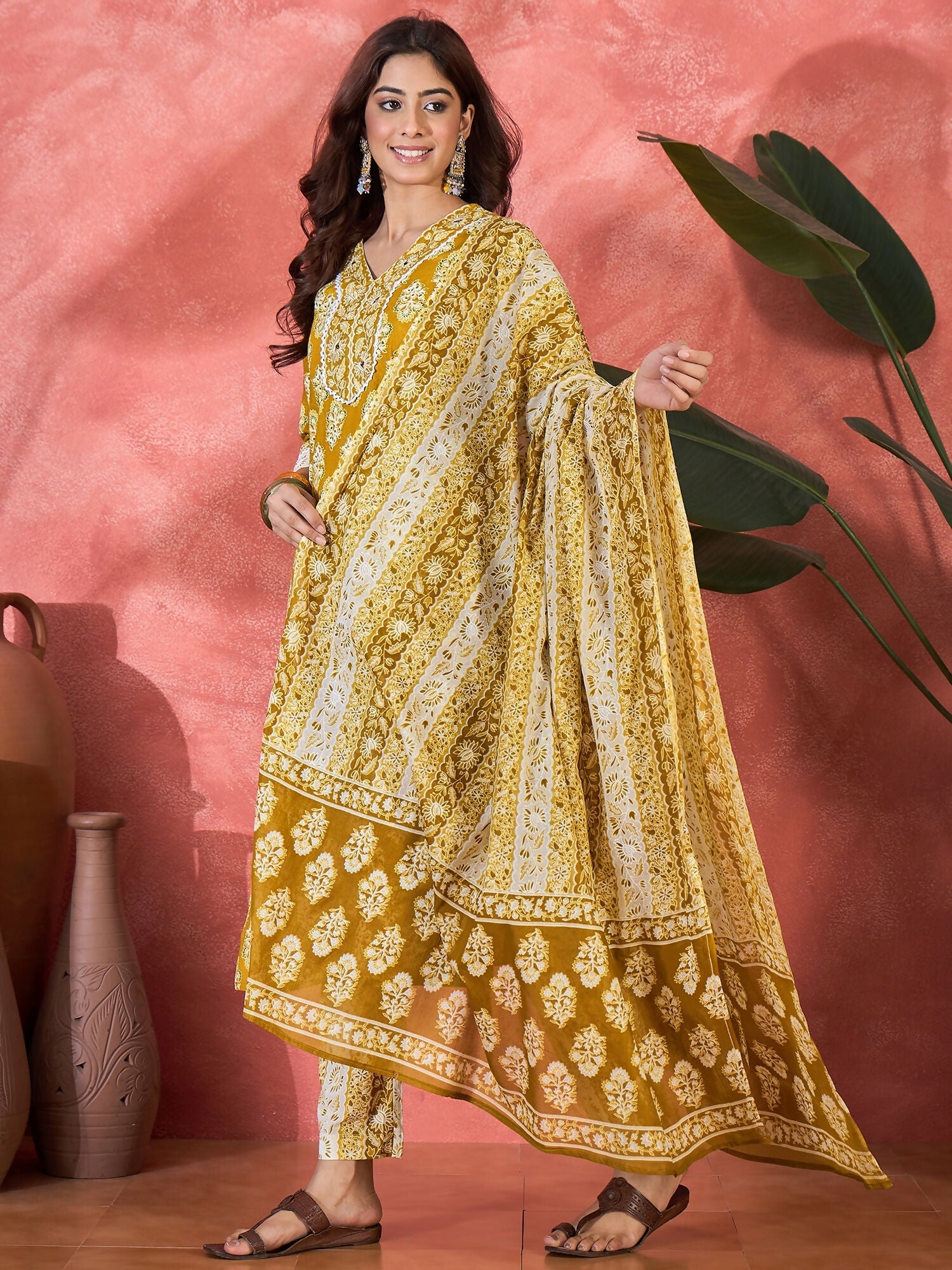 Joban Fashion Printed Mustard Pure Cotton Kurta Set