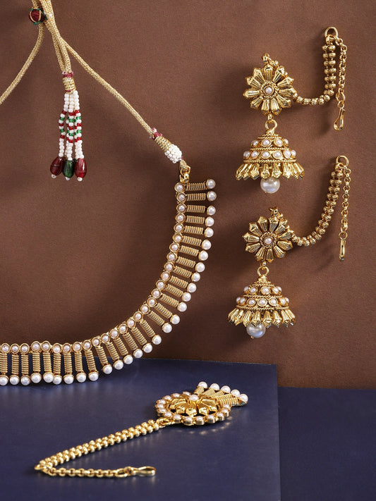 Priyaasi Women White Beads Gold Plated MaangTika Jewellery Set - Grab2buy