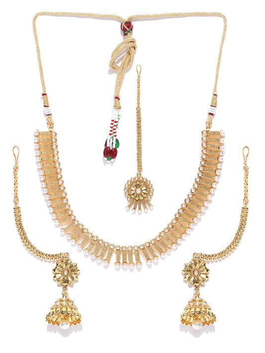 Priyaasi Women White Beads Gold Plated MaangTika Jewellery Set - Grab2buy
