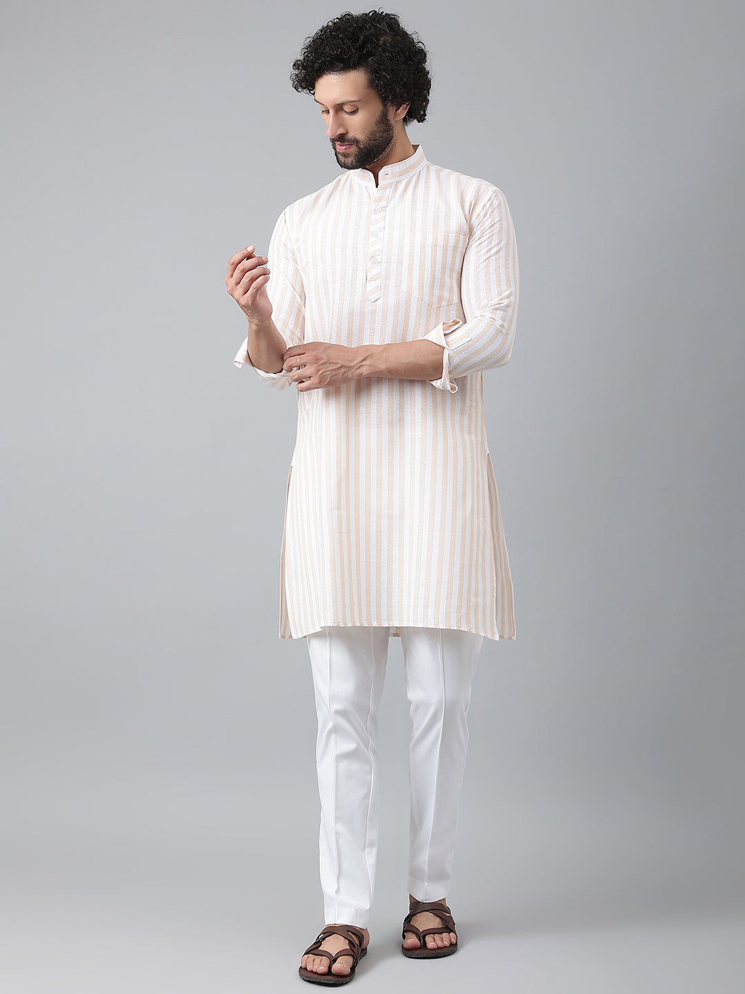 RIAG Beige Men's Ethnic Long Kurta And Pyjama Set