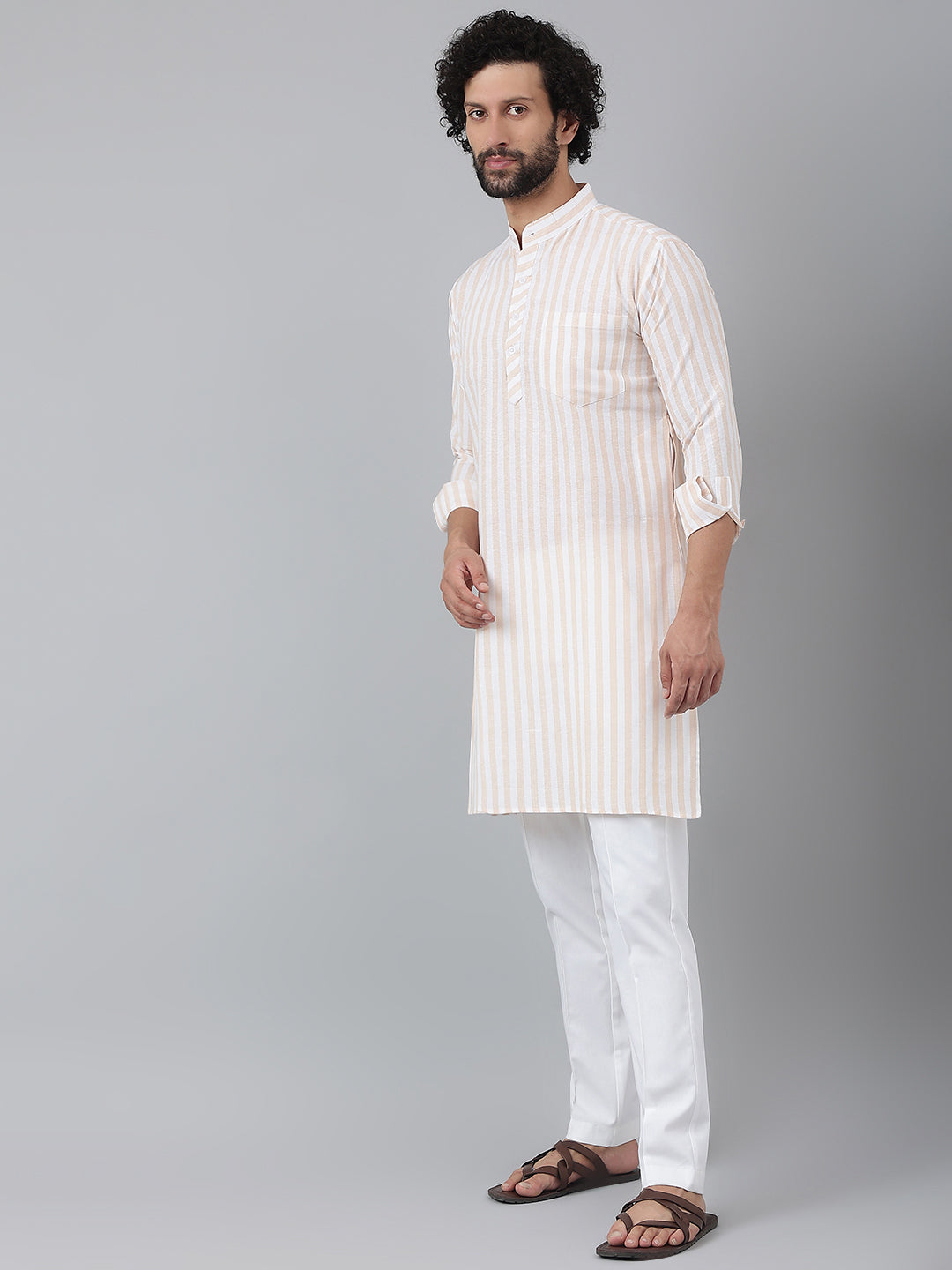 RIAG Beige Color Long Sleeves Ethnic Men's Cotton Long Kurta