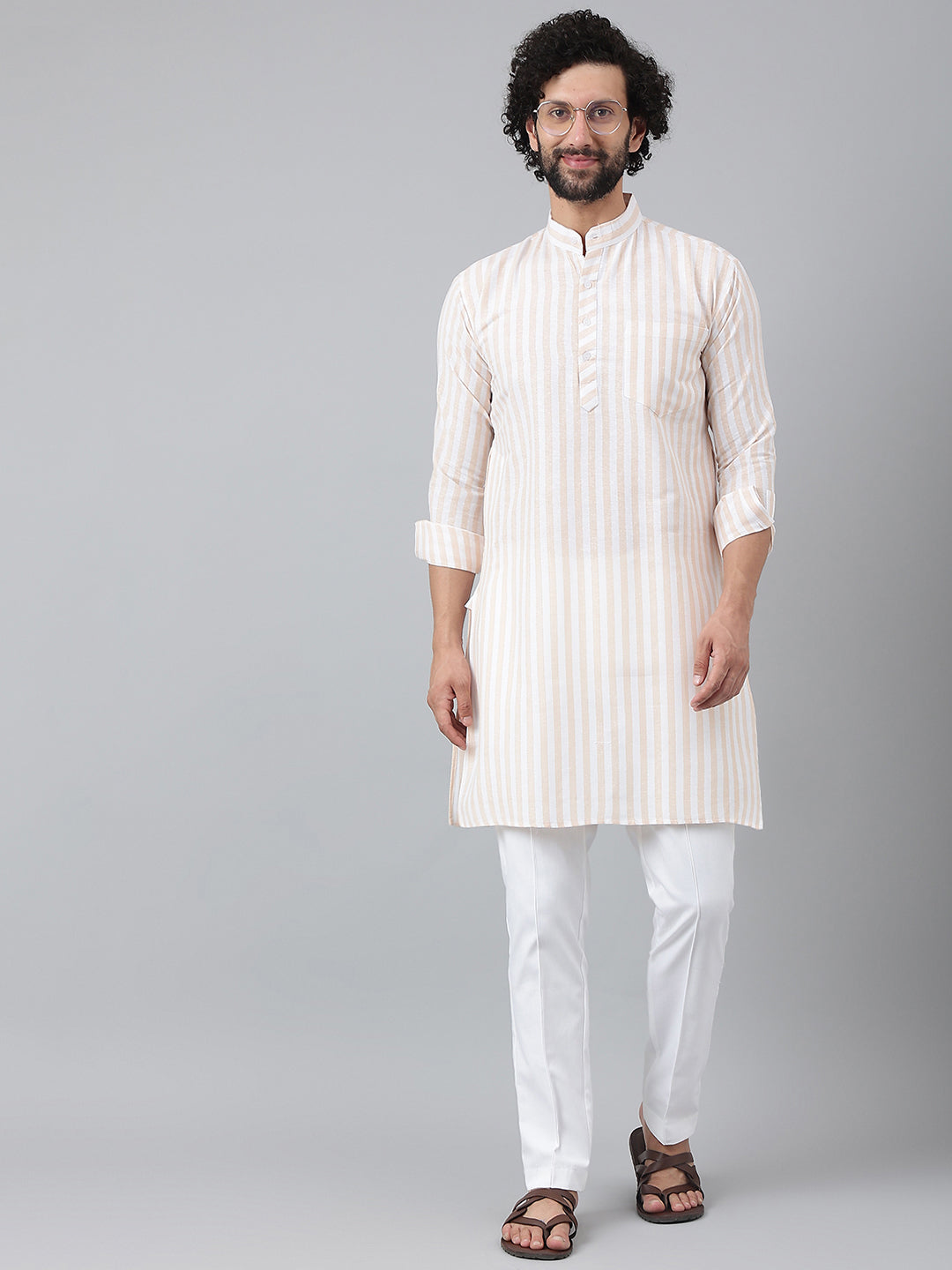 RIAG Beige Color Long Sleeves Ethnic Men's Cotton Long Kurta