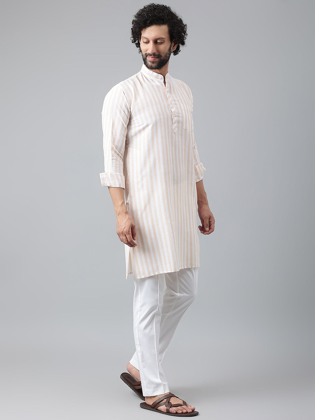 RIAG Beige Color Long Sleeves Ethnic Men's Cotton Long Kurta