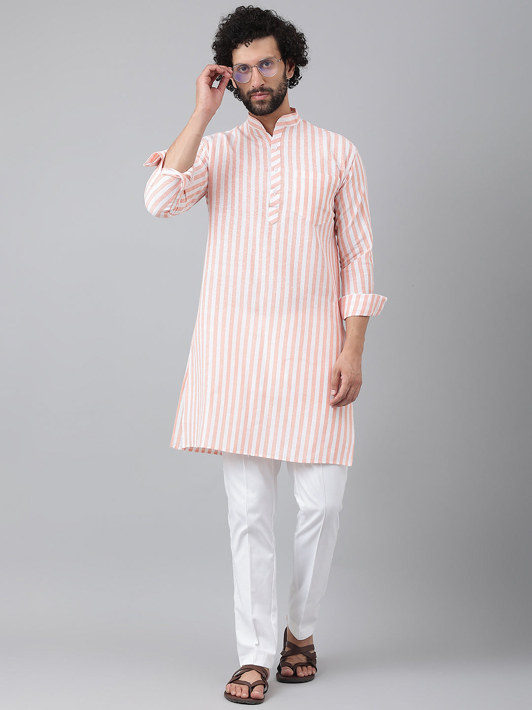 RIAG Orange Color Long Sleeves Ethnic Men's Cotton Long Kurta