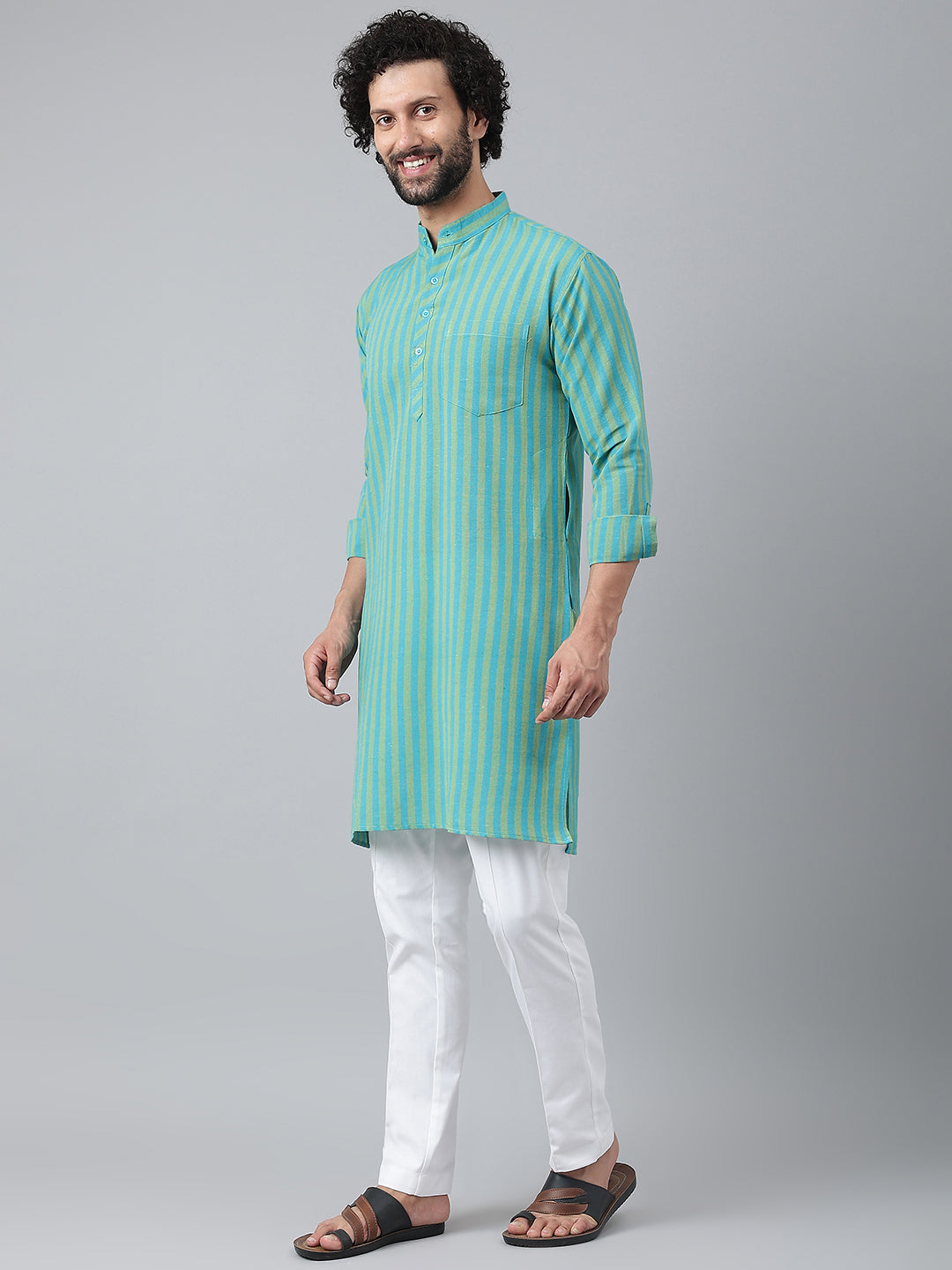 RIAG Blue Color Long Sleeves Ethnic Men's Cotton Long Kurta
