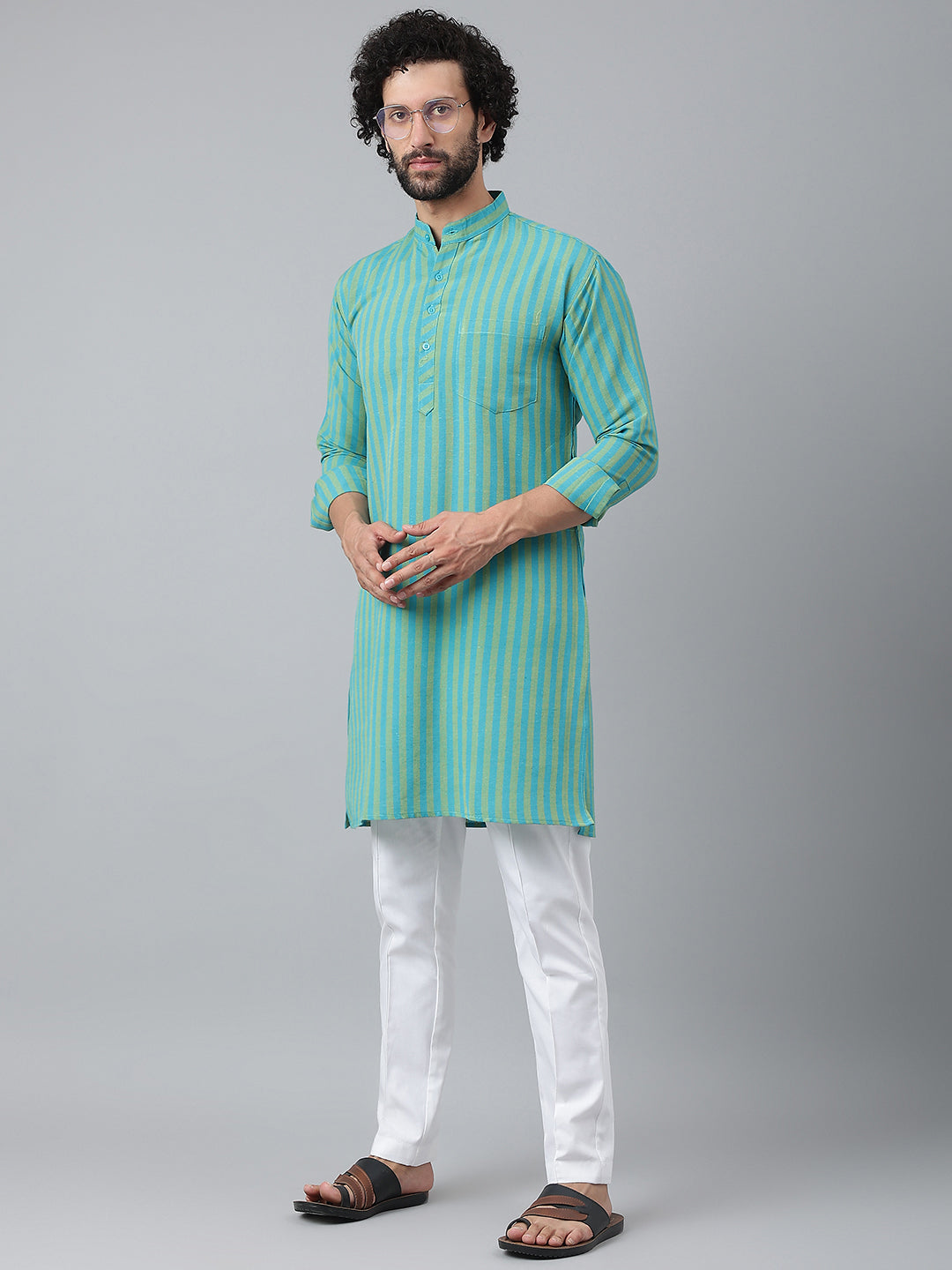 RIAG Blue Color Long Sleeves Ethnic Men's Cotton Long Kurta