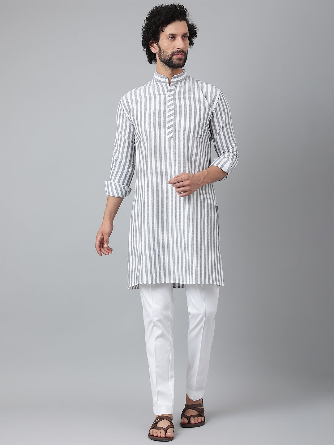 RIAG Grey Color Long Sleeves Ethnic Men's Cotton Long Kurta