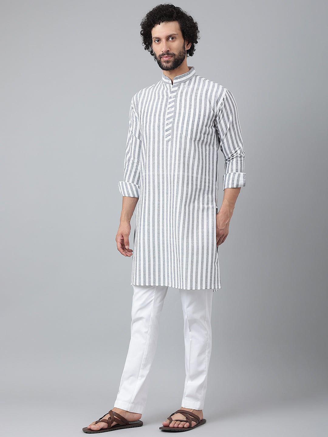 RIAG Grey Color Long Sleeves Ethnic Men's Cotton Long Kurta