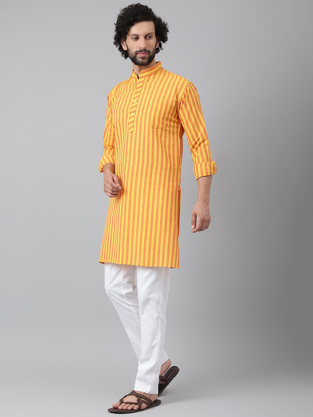 RIAG Yellow Color Long Sleeves Ethnic Men's Cotton Long Kurta