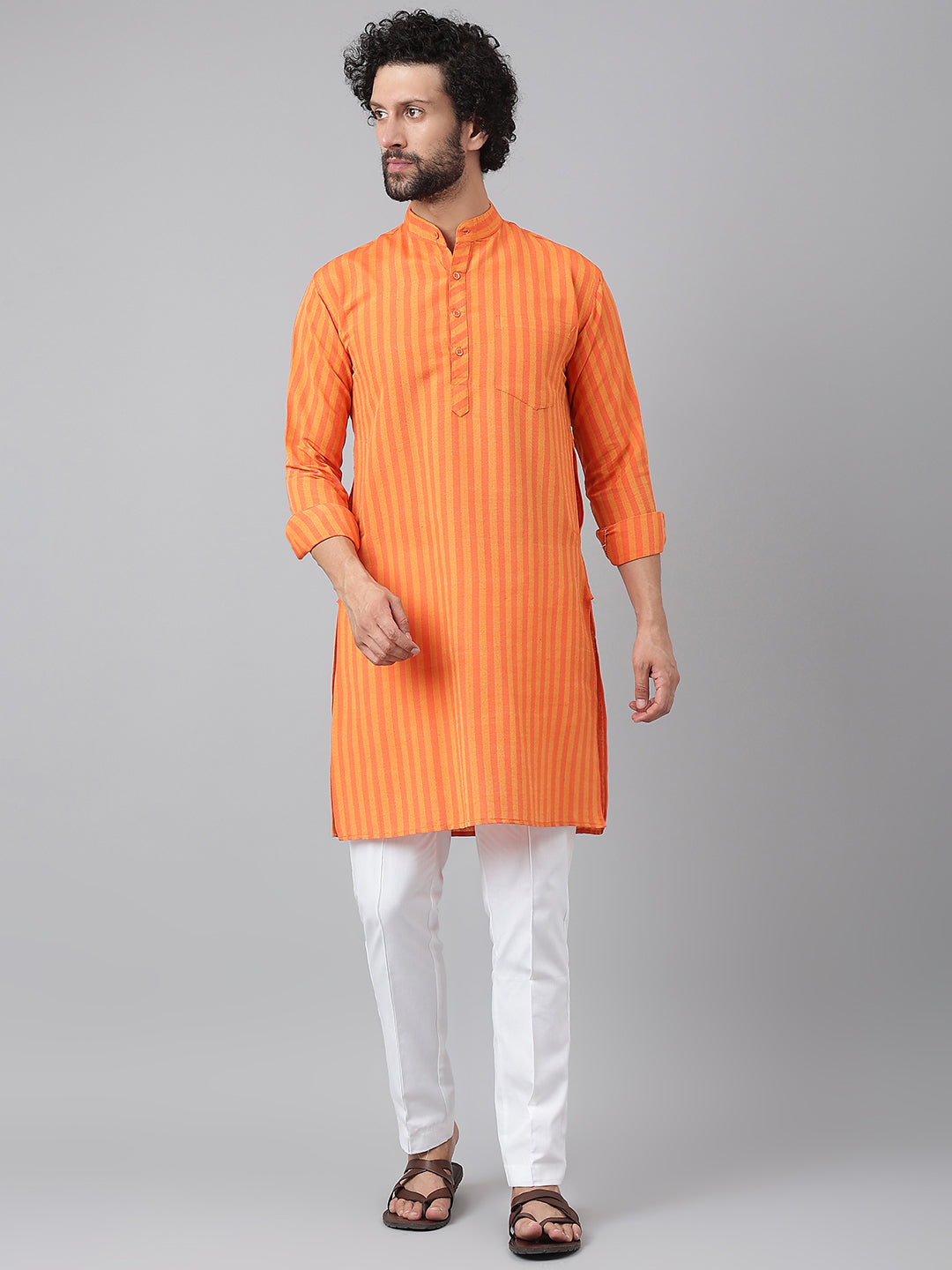 RIAG Orange Men's Ethnic Long Kurta And Pyjama Set
