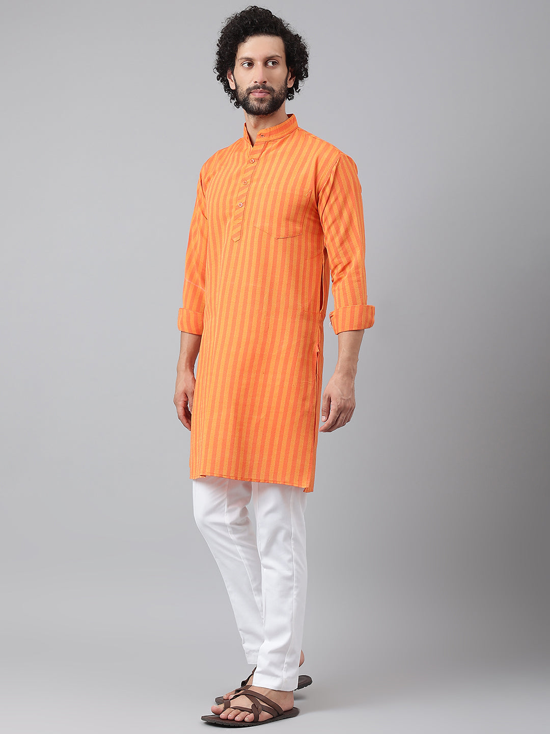 RIAG Orange Color Long Sleeves Ethnic Men's Cotton Long Kurta