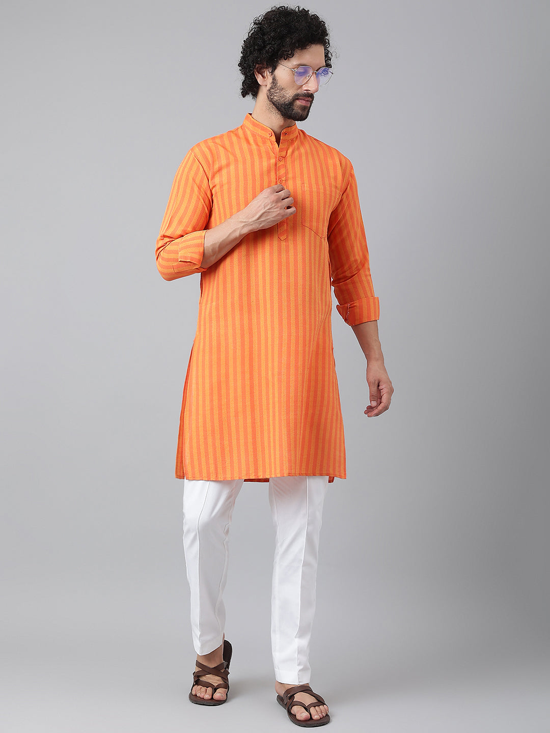 RIAG Orange Color Long Sleeves Ethnic Men's Cotton Long Kurta