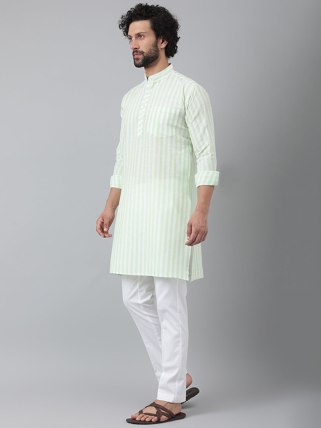 RIAG Green Color Long Sleeves Ethnic Men's Cotton Long Kurta