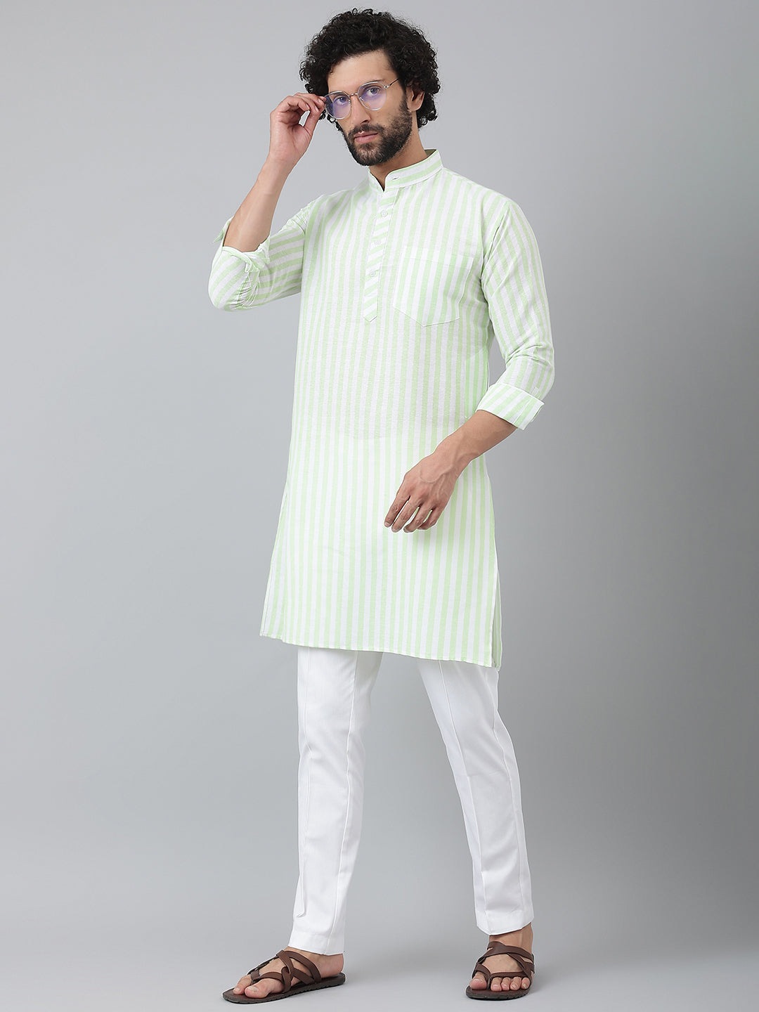RIAG Green Color Long Sleeves Ethnic Men's Cotton Long Kurta