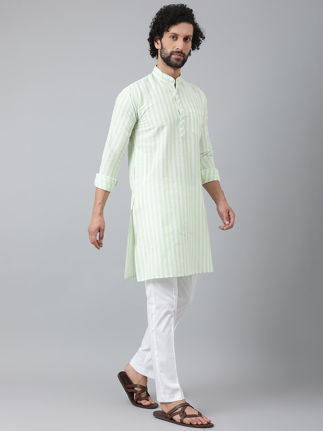 RIAG Green Color Long Sleeves Ethnic Men's Cotton Long Kurta