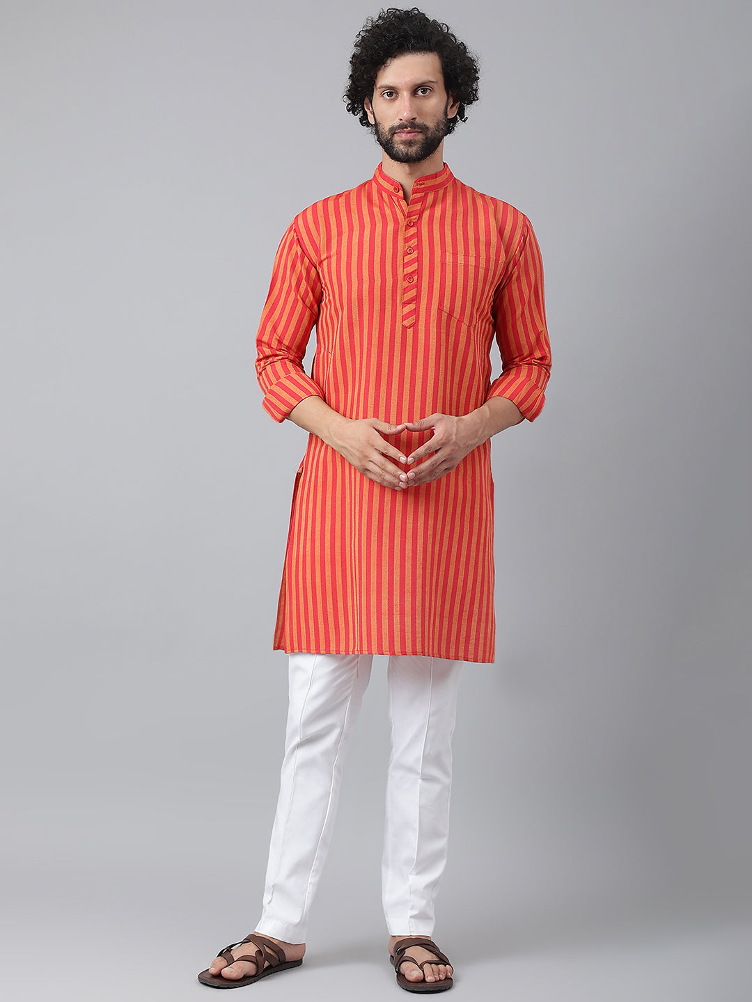 RIAG Red Color Long Sleeves Ethnic Men's Cotton Long Kurta
