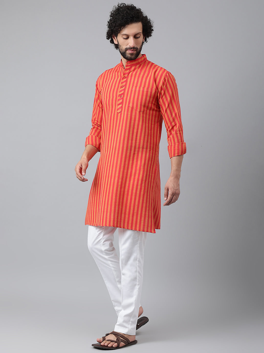 RIAG Red Color Long Sleeves Ethnic Men's Cotton Long Kurta
