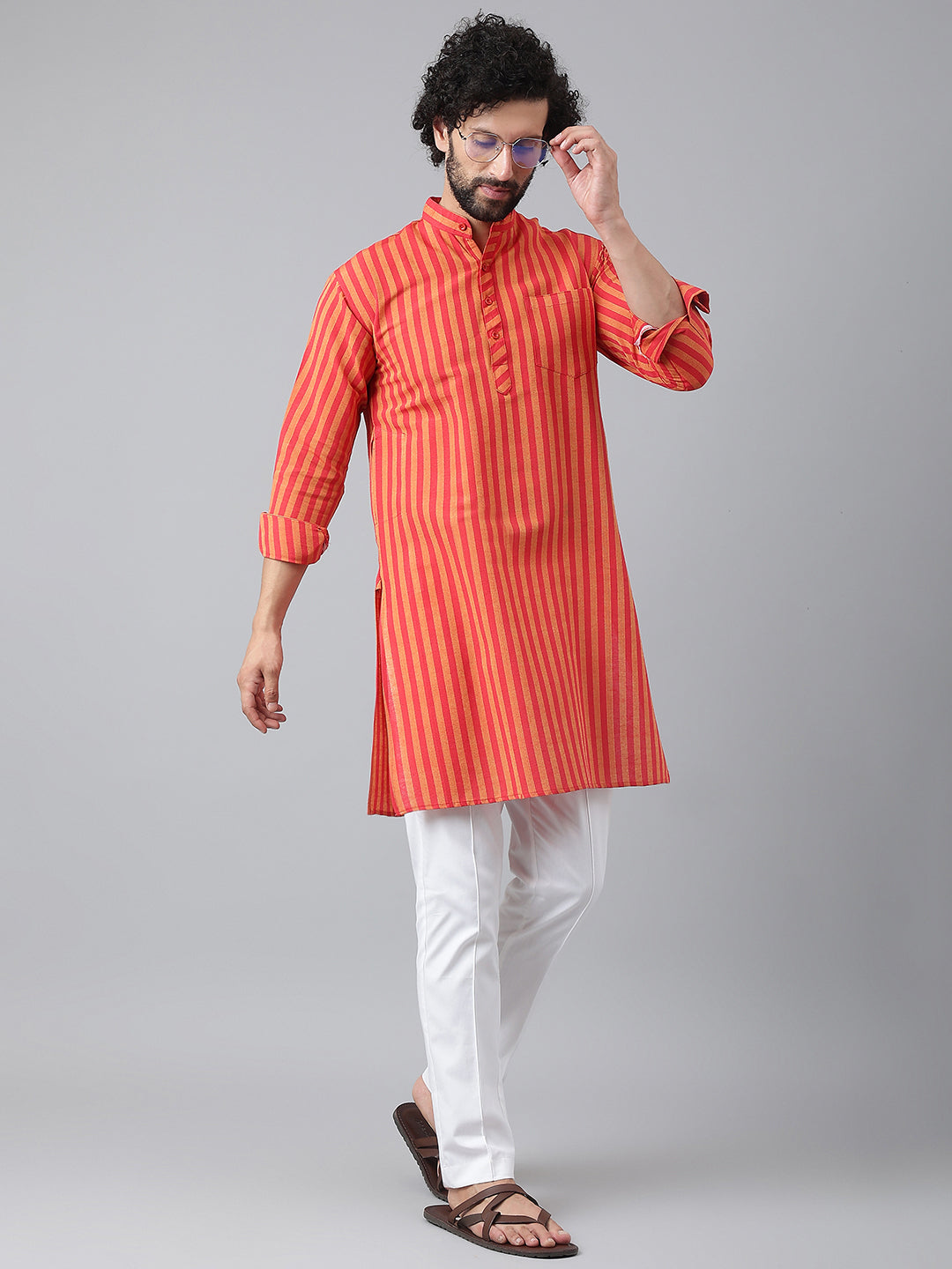 RIAG Red Color Long Sleeves Ethnic Men's Cotton Long Kurta