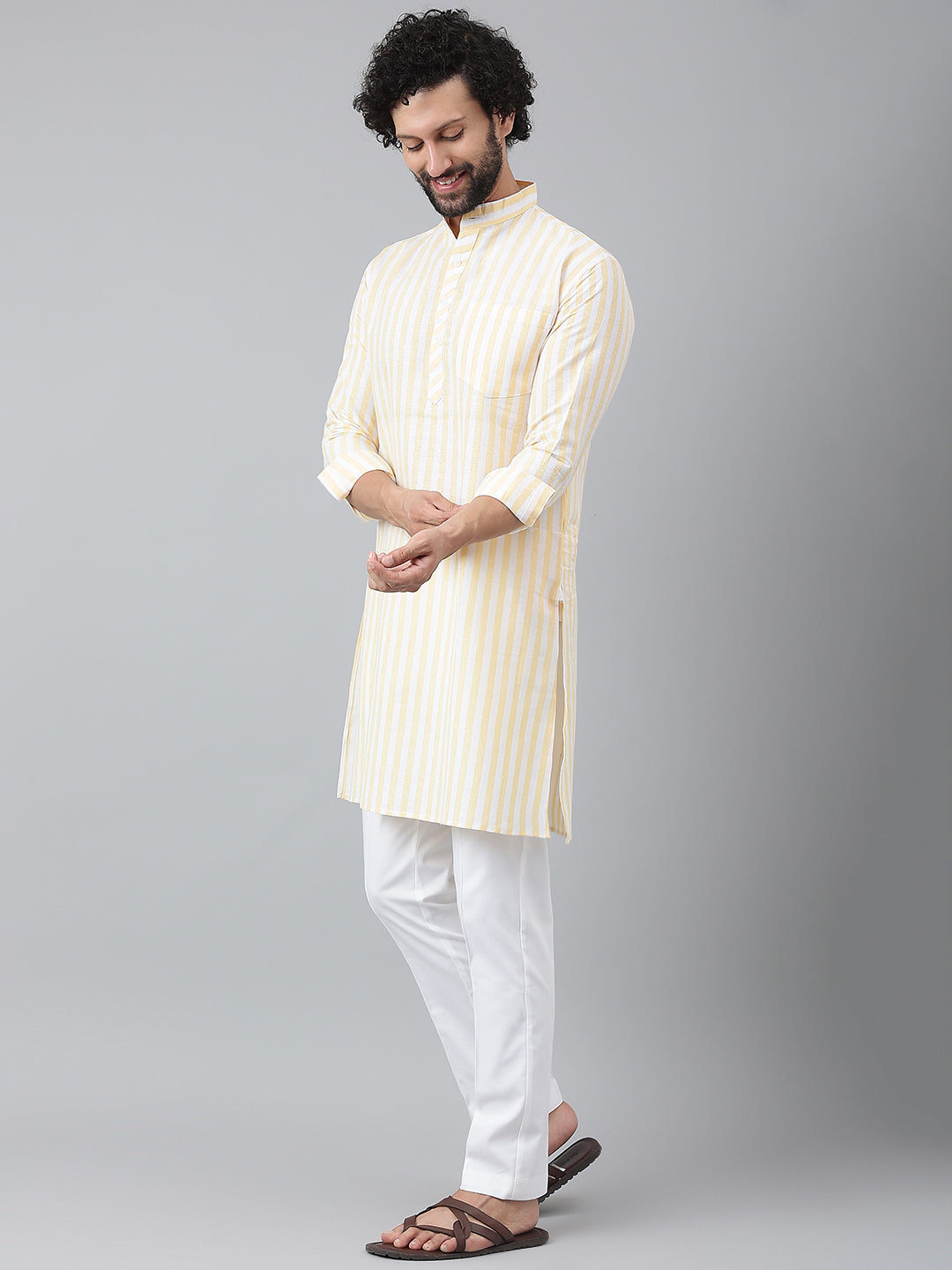 RIAG Beige Color Long Sleeves Ethnic Men's Cotton Long Kurta