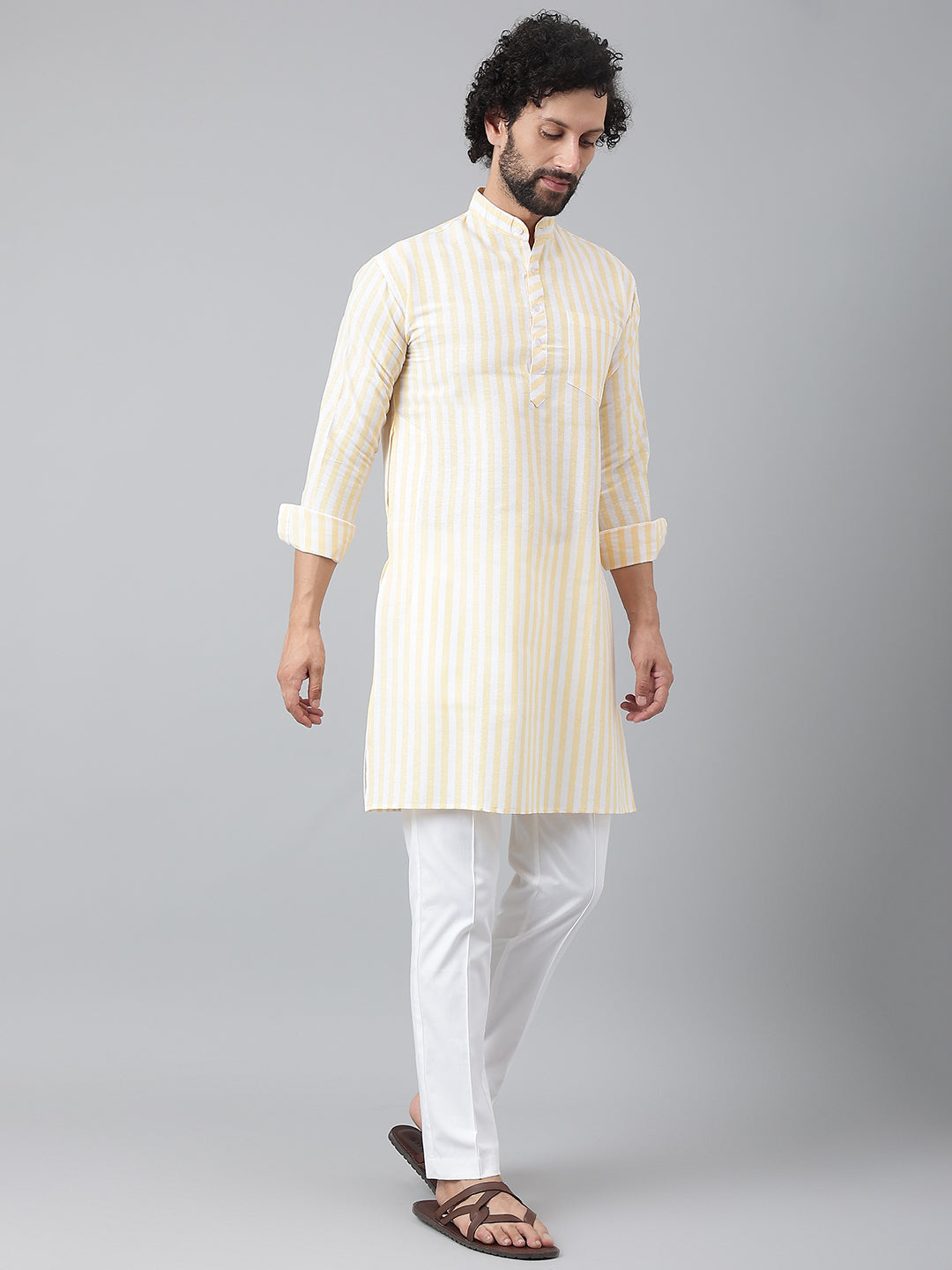 RIAG Beige Color Long Sleeves Ethnic Men's Cotton Long Kurta