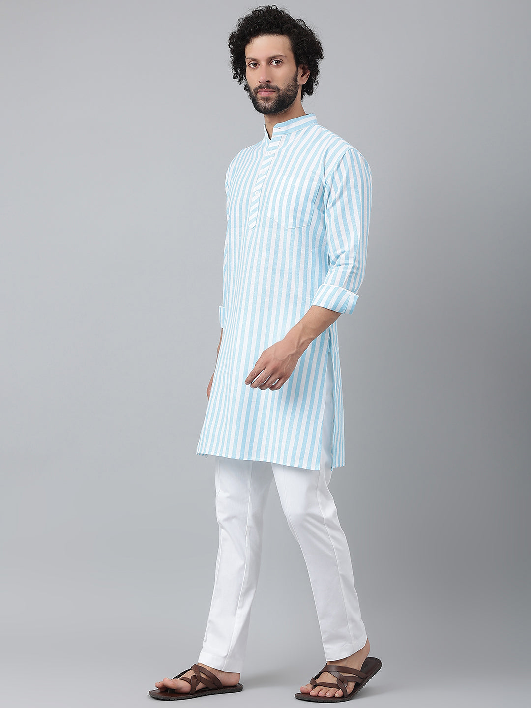 RIAG Blue Color Long Sleeves Ethnic Men's Cotton Long Kurta
