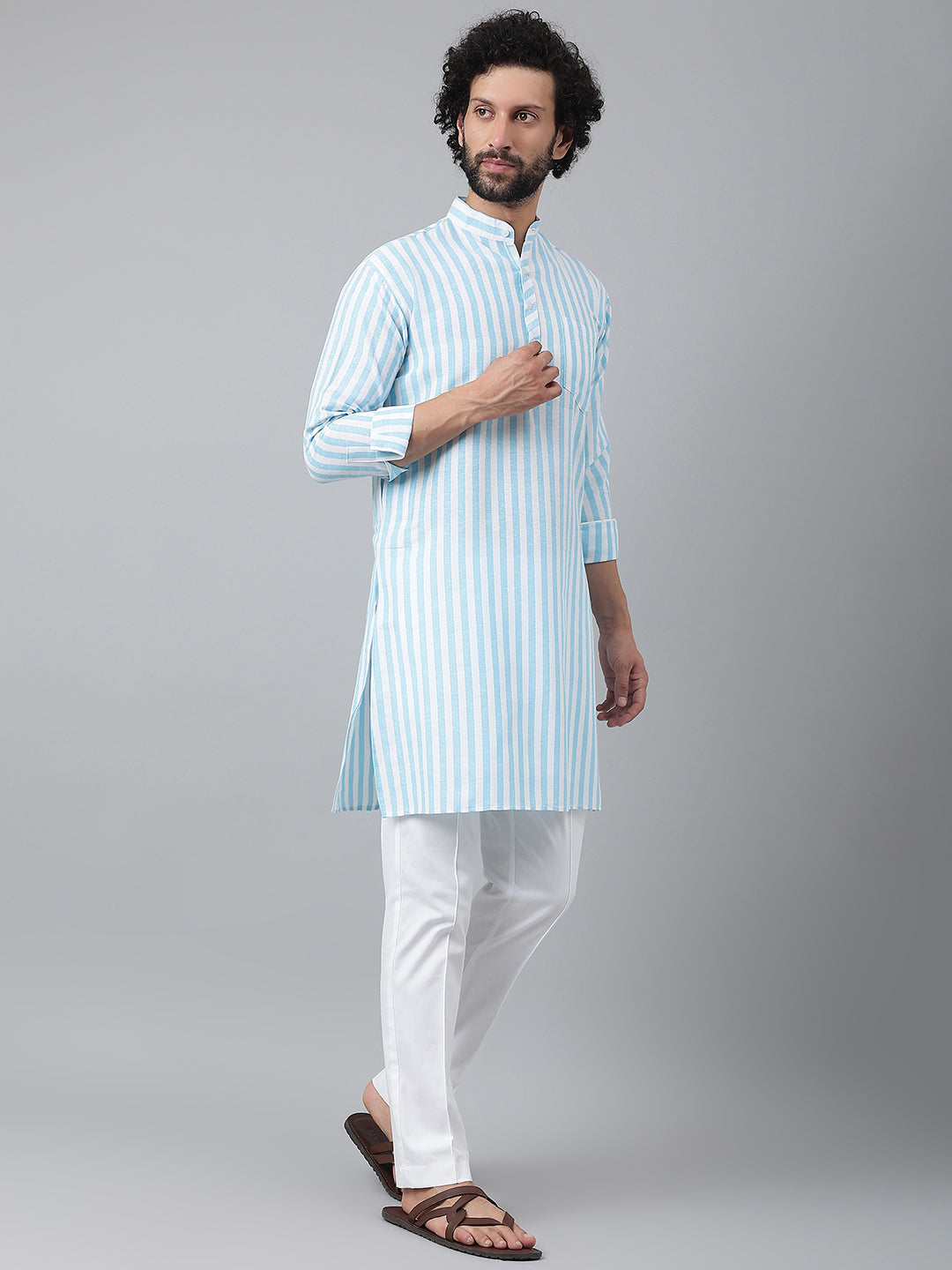 RIAG Blue Color Long Sleeves Ethnic Men's Cotton Long Kurta