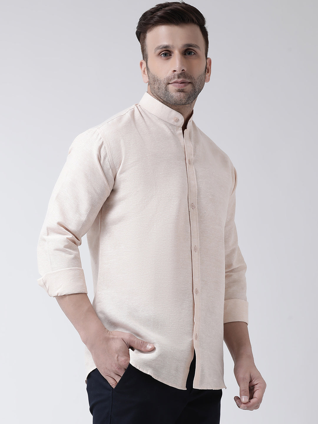 RIAG Beige Men's Chinese Collar Full Sleeves Shirt