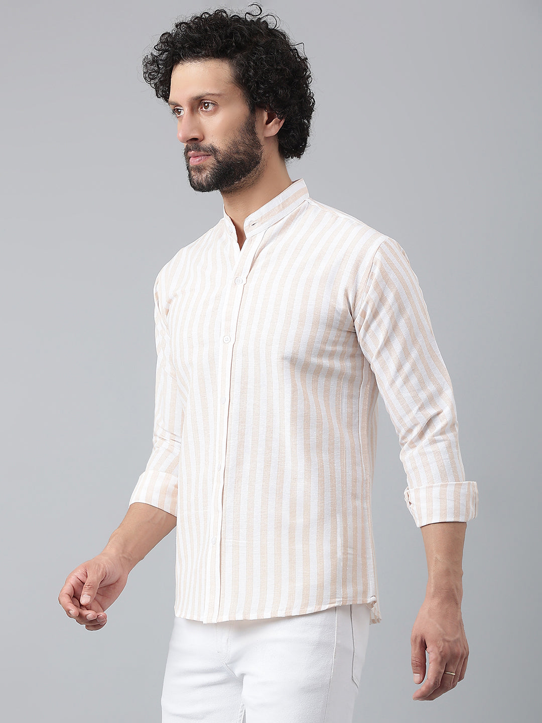 RIAG Beige Men's Chinese Collar Full Sleeves Shirt