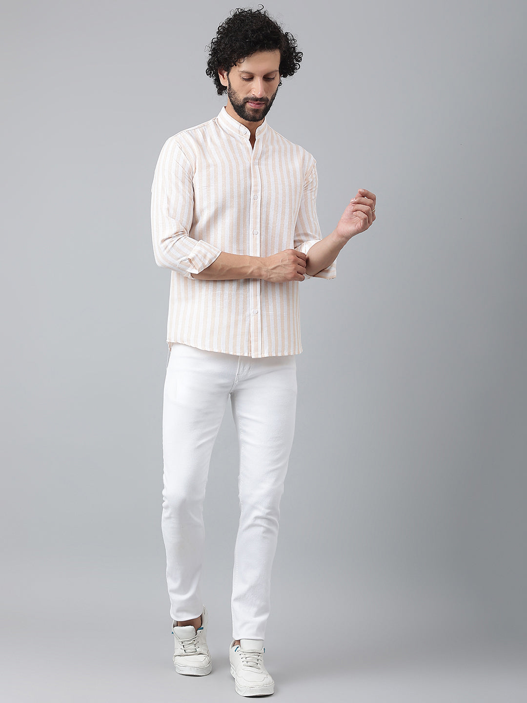 RIAG Beige Men's Chinese Collar Full Sleeves Shirt