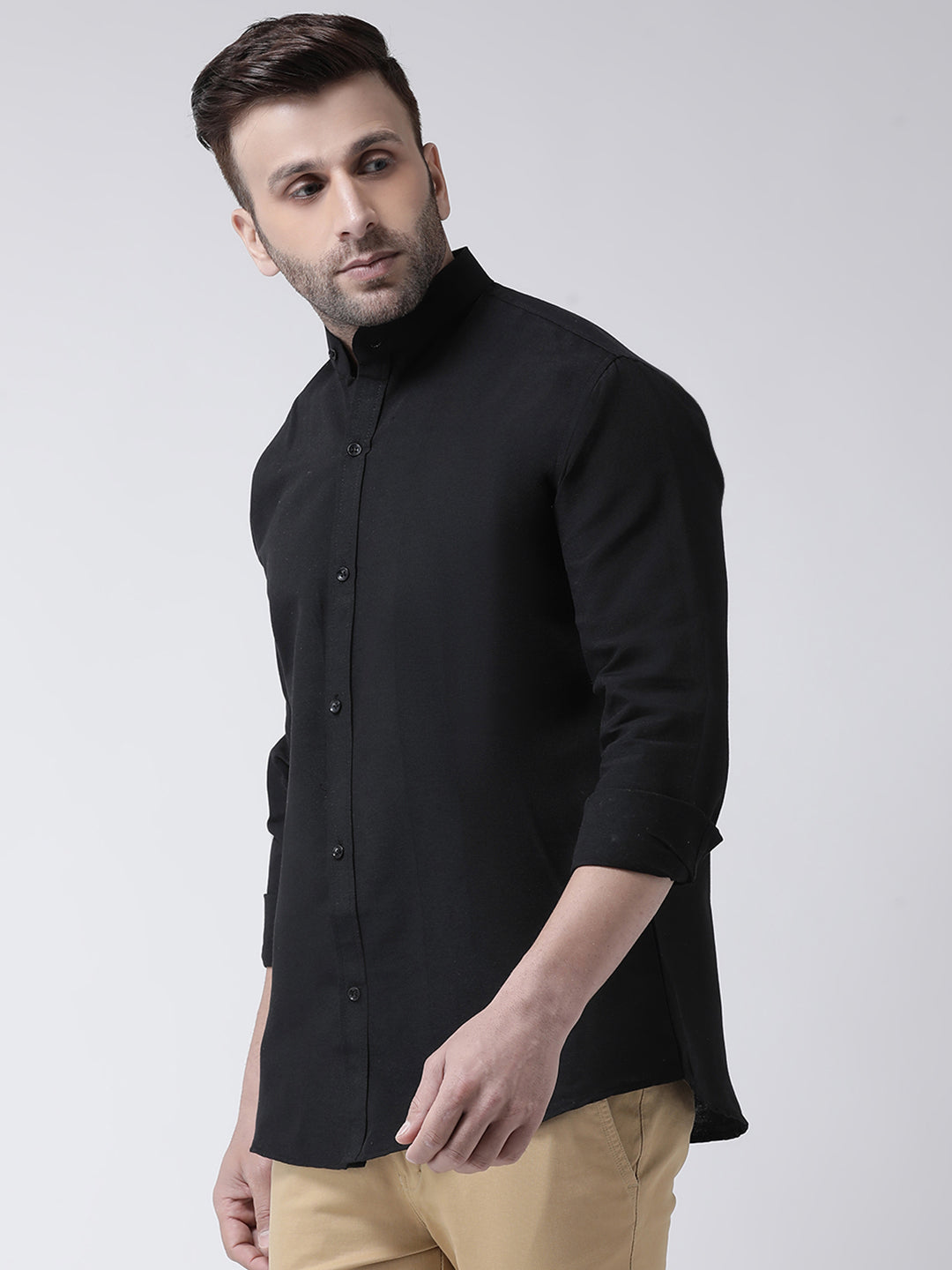 RIAG Black Men's Chinese Collar Full Sleeves Shirt
