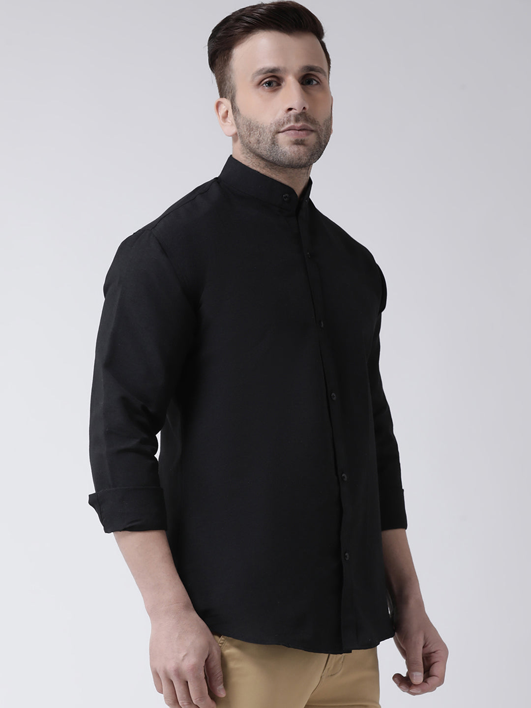 RIAG Black Men's Chinese Collar Full Sleeves Shirt