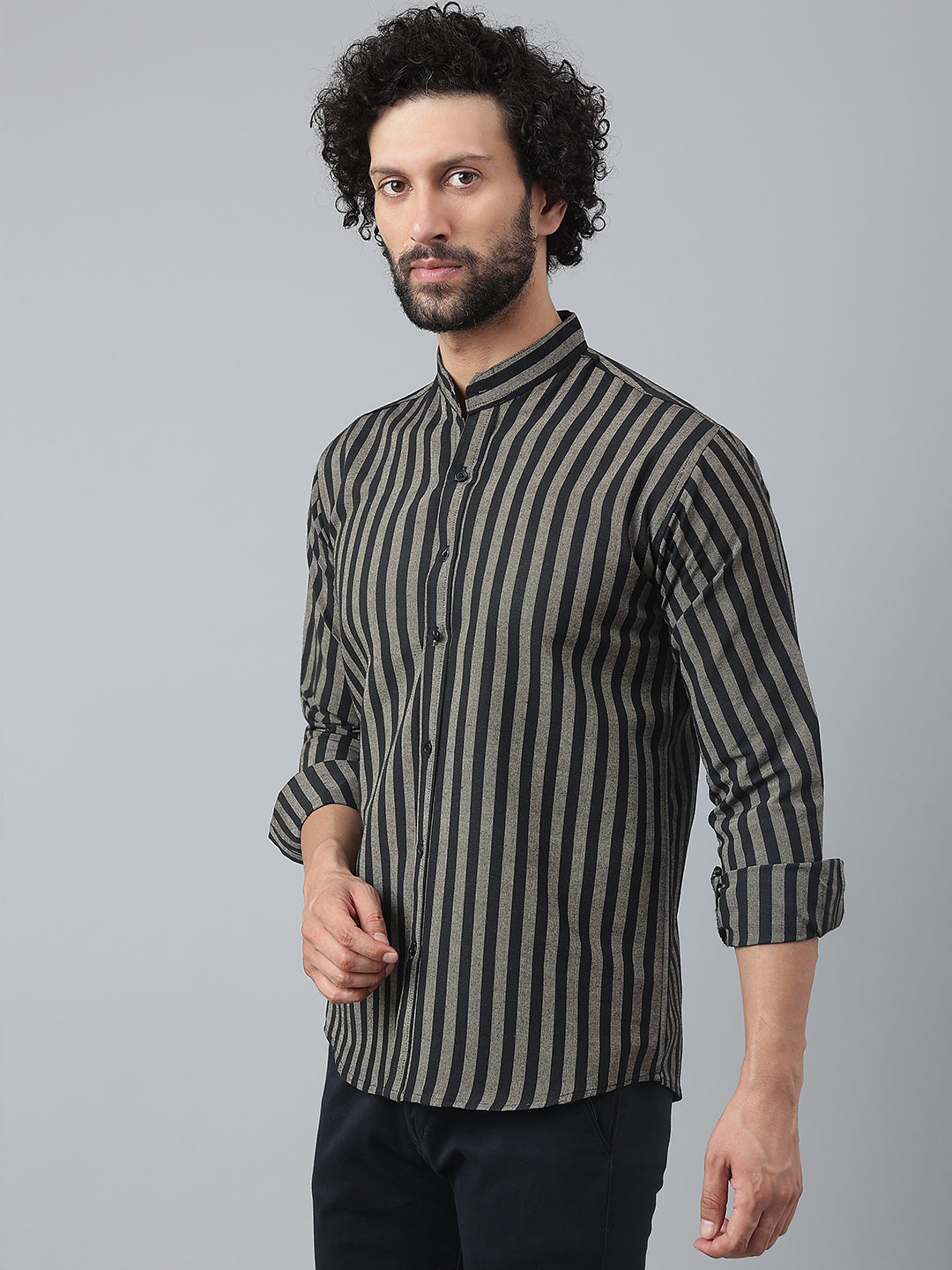 RIAG Black Men's Chinese Collar Full Sleeves Shirt