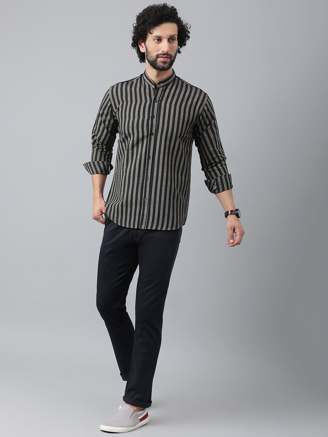 RIAG Black Men's Chinese Collar Full Sleeves Shirt