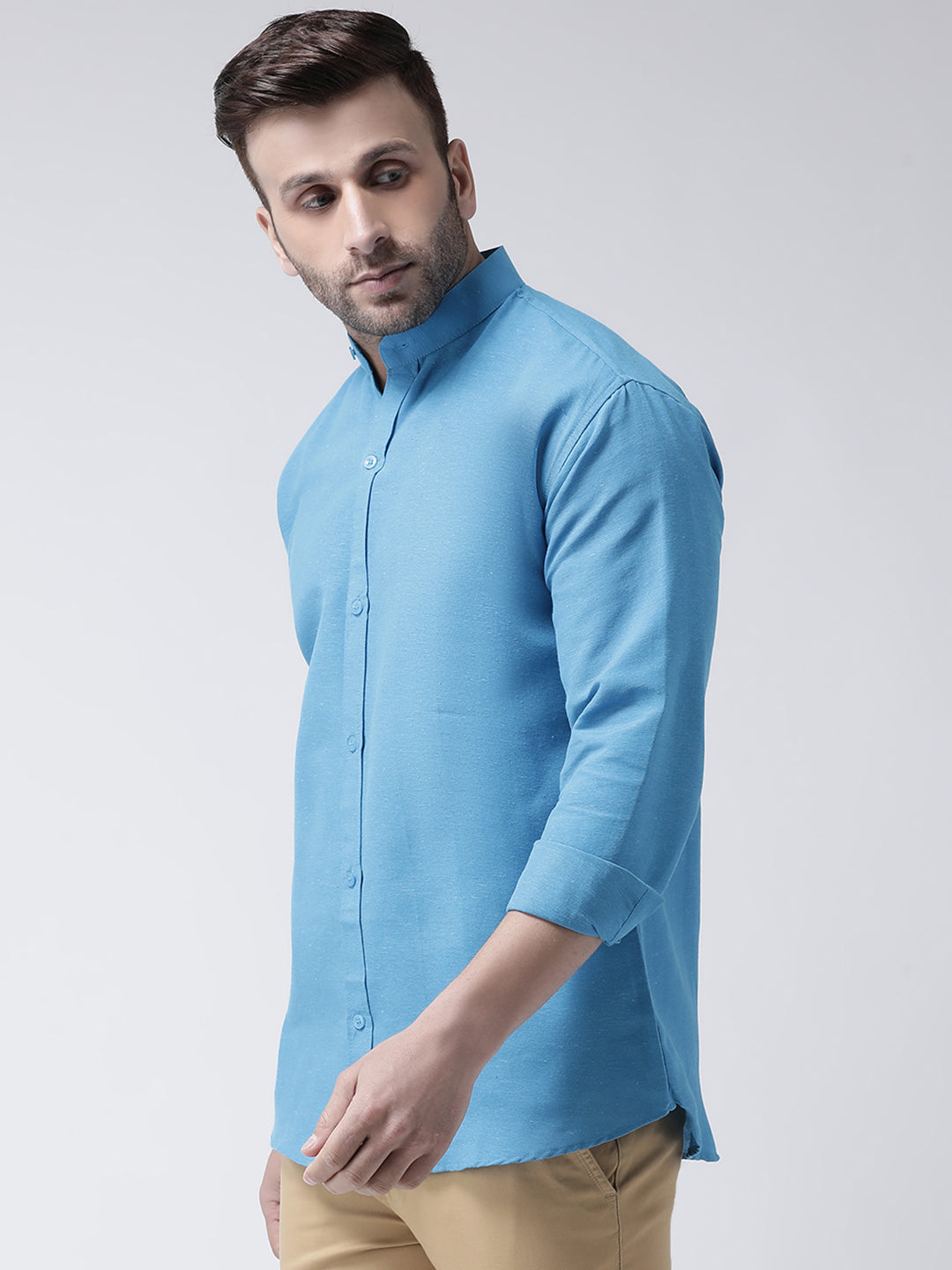 RIAG Firozi Blue Men's Chinese Collar Full Sleeves Shirt