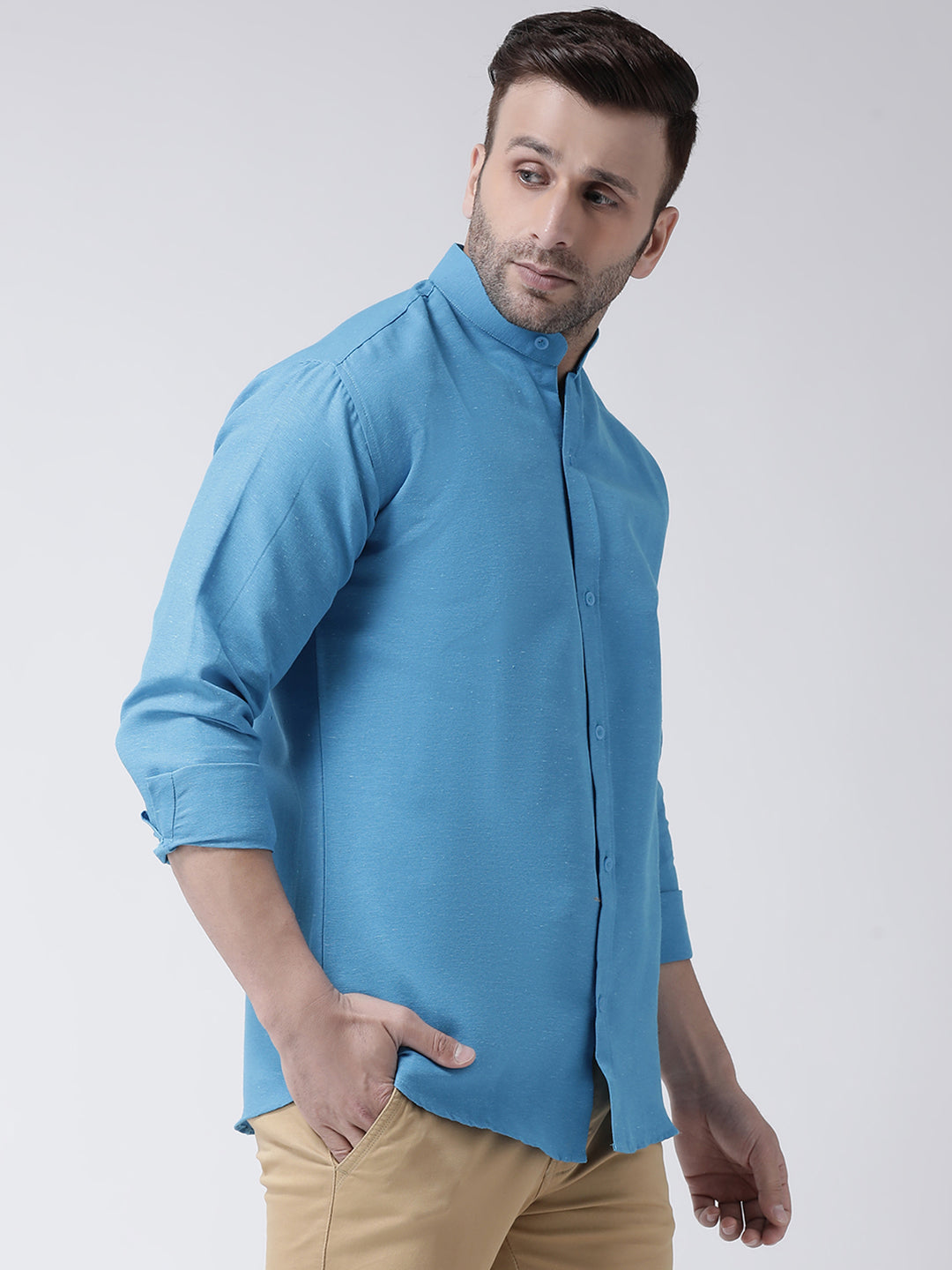 RIAG Firozi Blue Men's Chinese Collar Full Sleeves Shirt