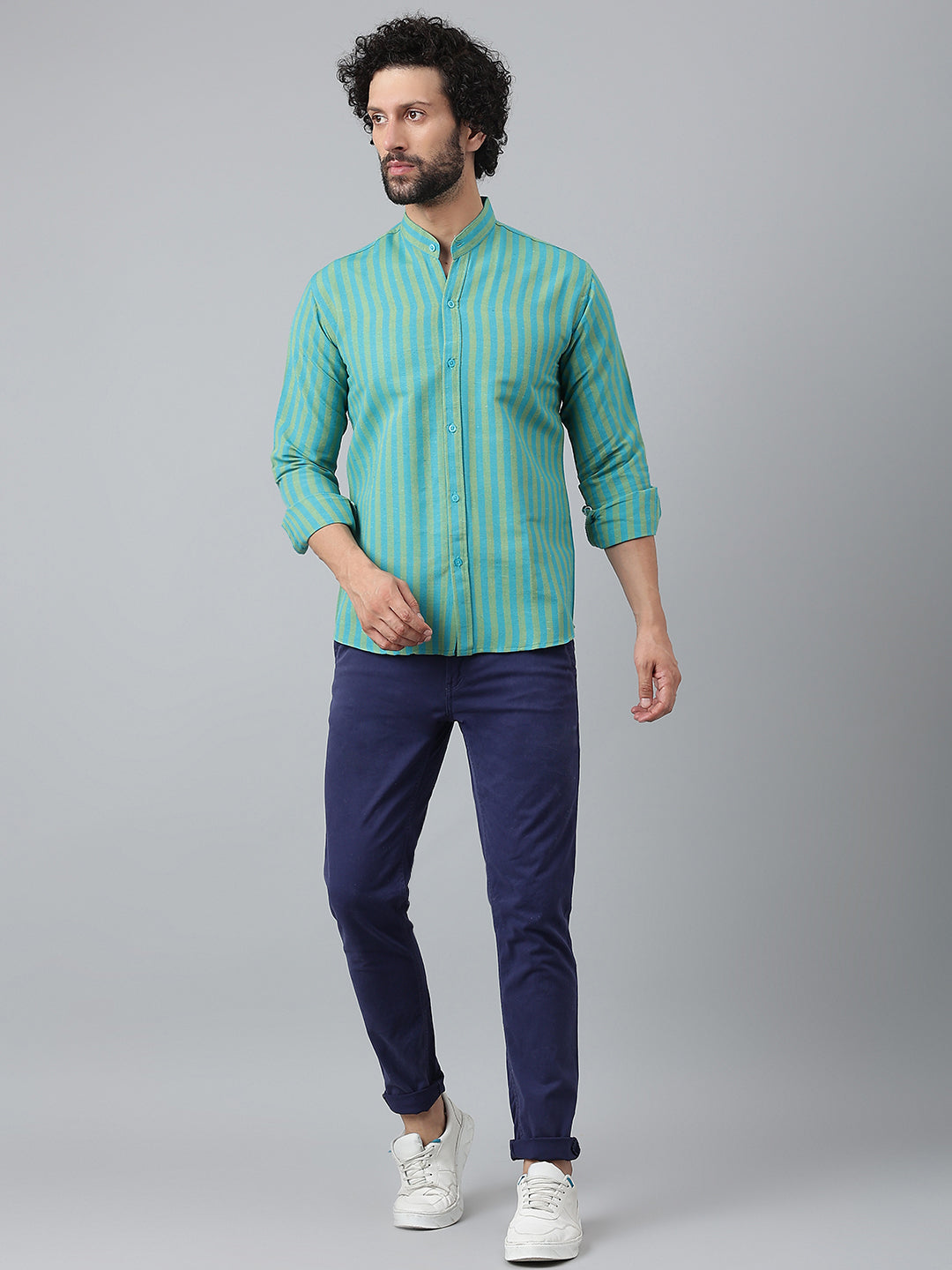 RIAG Blue Men's Chinese Collar Full Sleeves Shirt