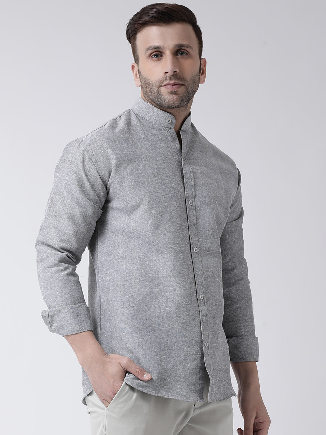 RIAG Grey Men's Chinese Collar Full Sleeves Shirt