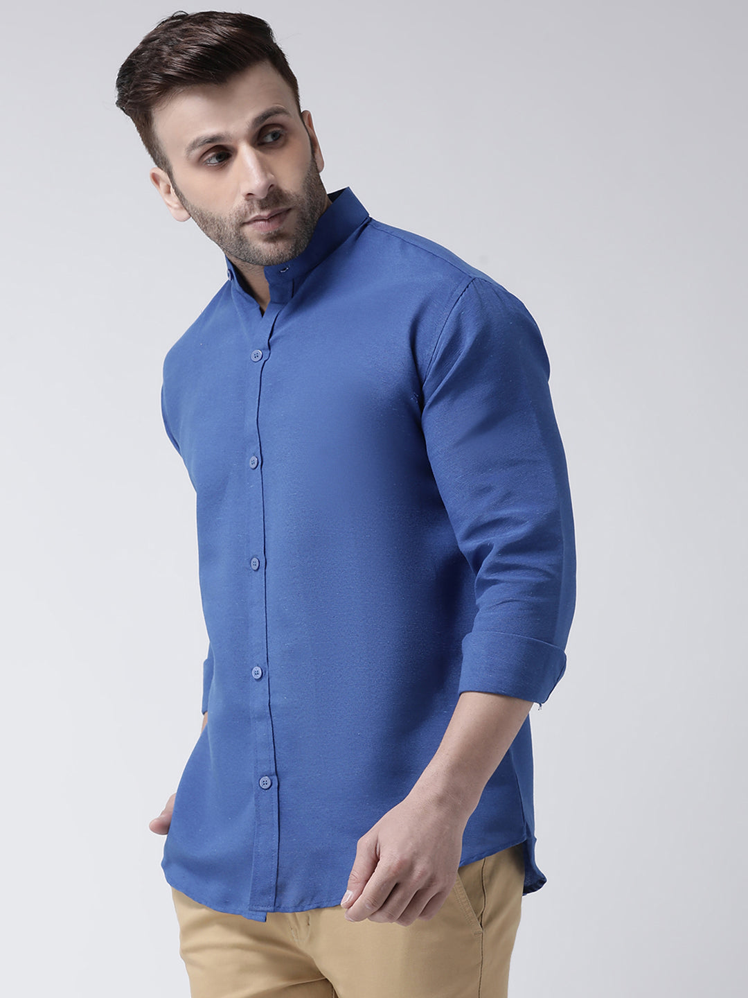 RIAG Navy Blue Men's Chinese Collar Full Sleeves Shirt