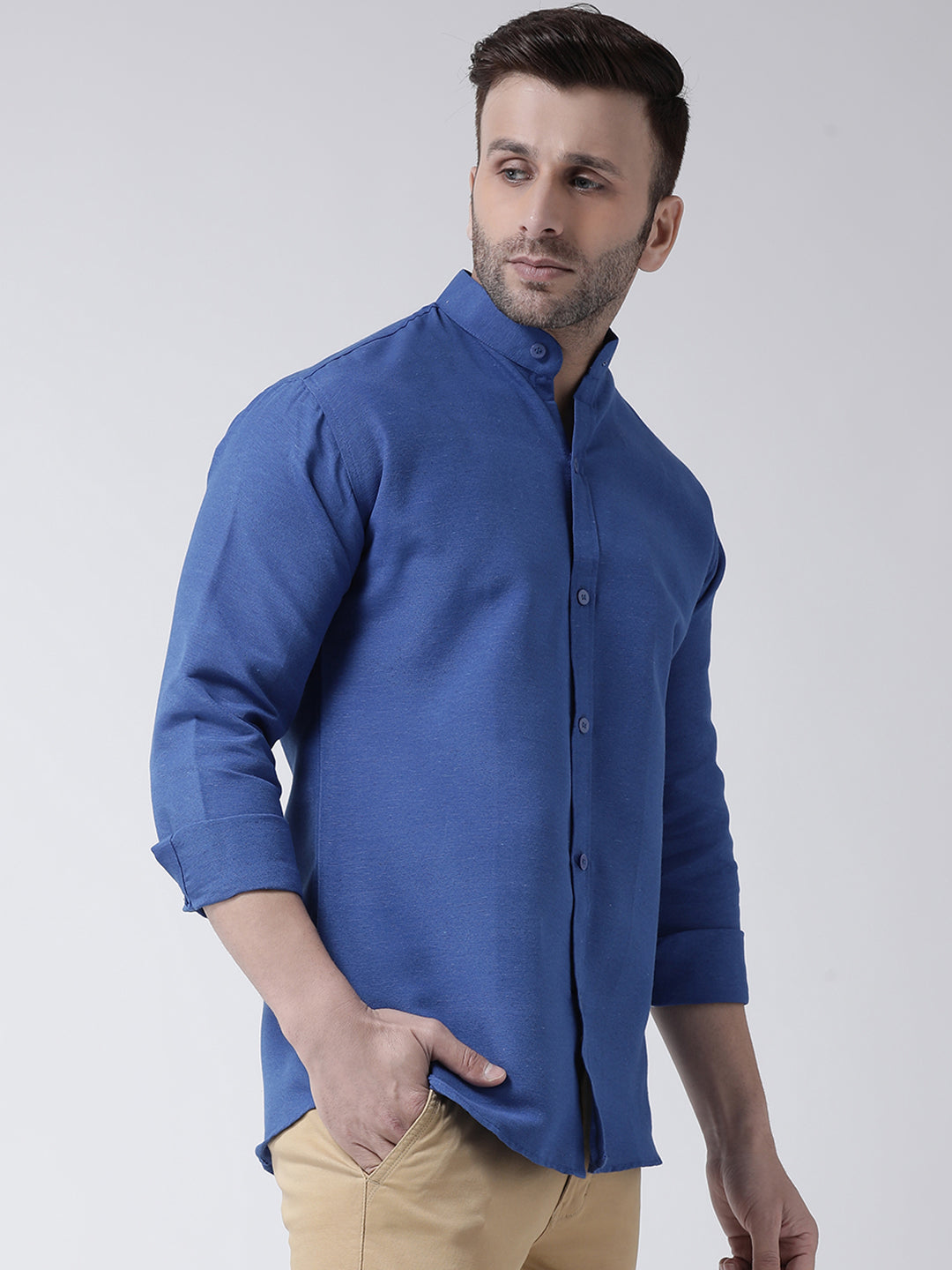 RIAG Navy Blue Men's Chinese Collar Full Sleeves Shirt