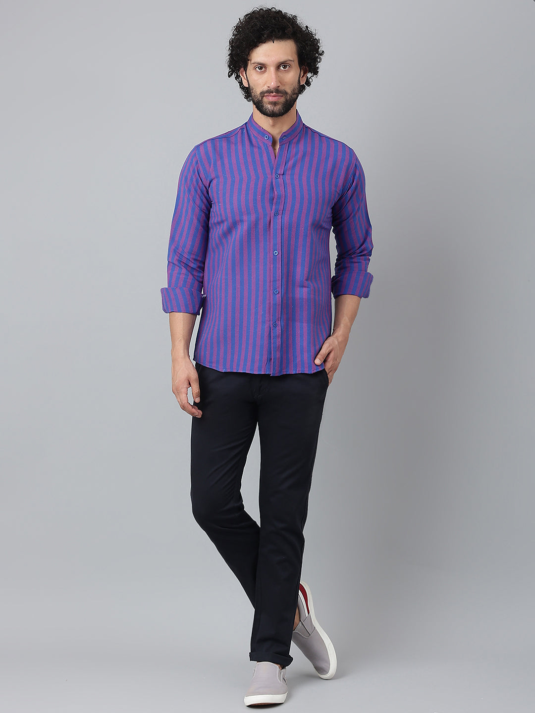 RIAG Blue Men's Chinese Collar Full Sleeves Shirt