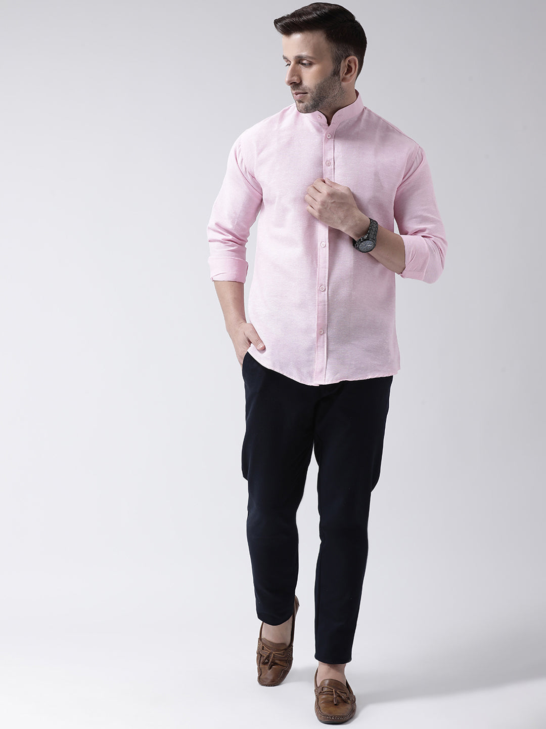RIAG Pink Men's Chinese Collar Full Sleeves Shirt