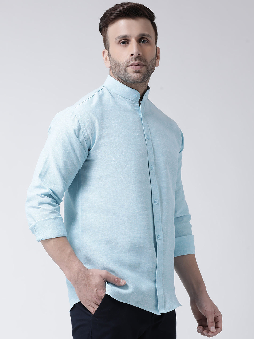 RIAG Sky Blue Men's Chinese Collar Full Sleeves Shirt
