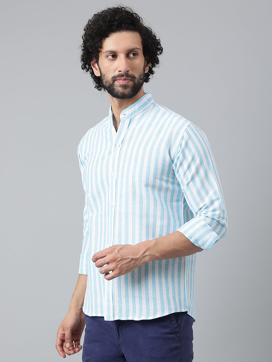RIAG Blue Men's Chinese Collar Full Sleeves Shirt