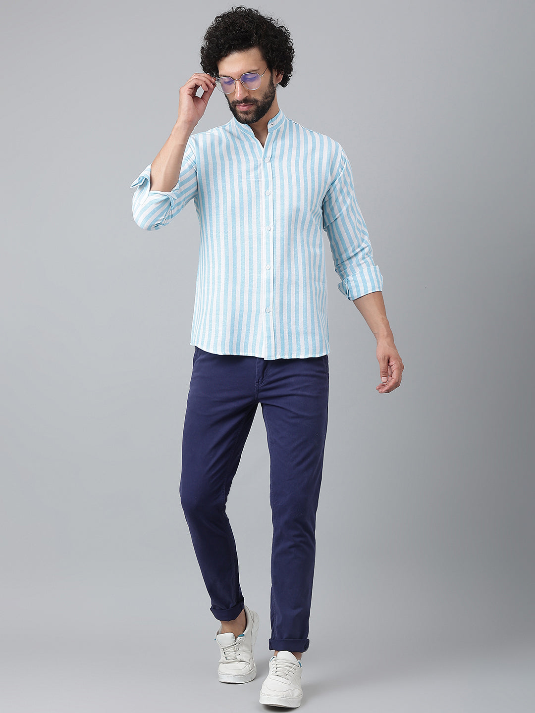 RIAG Blue Men's Chinese Collar Full Sleeves Shirt