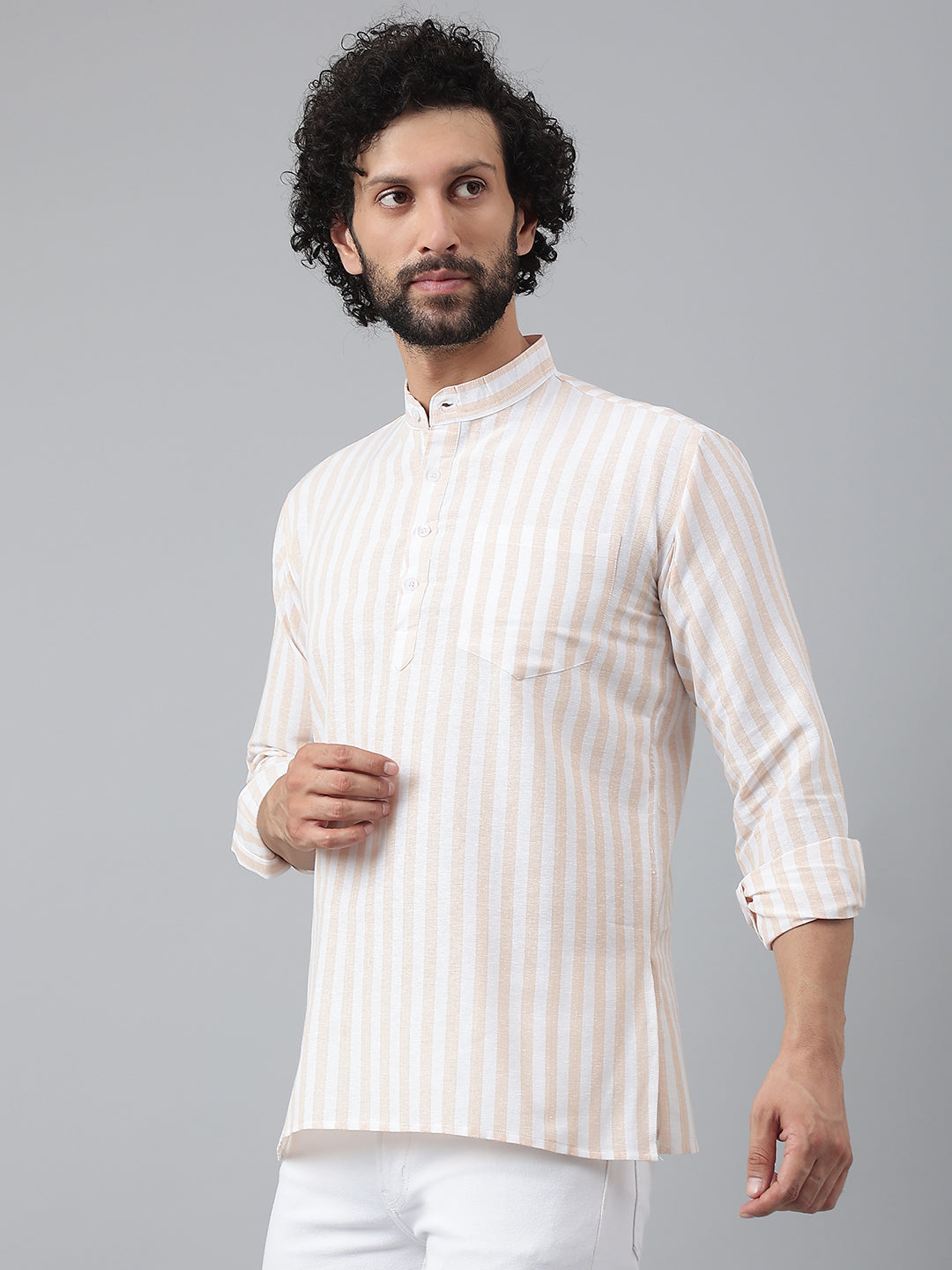 RIAG Beige Color Long Sleeves Casual Men's Cotton Short Kurta