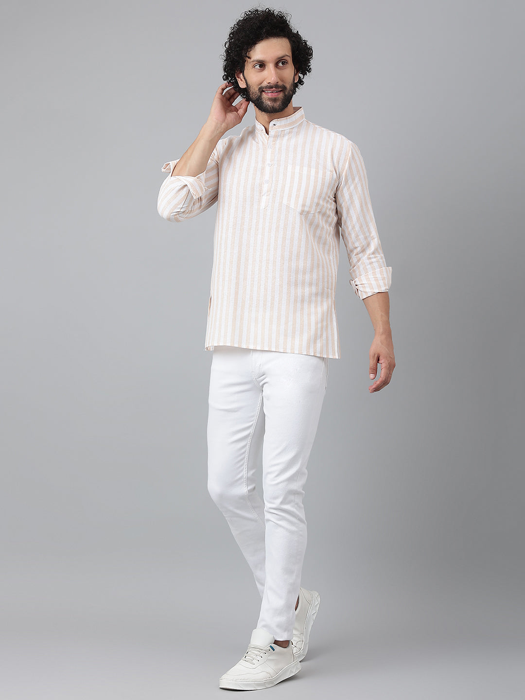 RIAG Beige Color Long Sleeves Casual Men's Cotton Short Kurta
