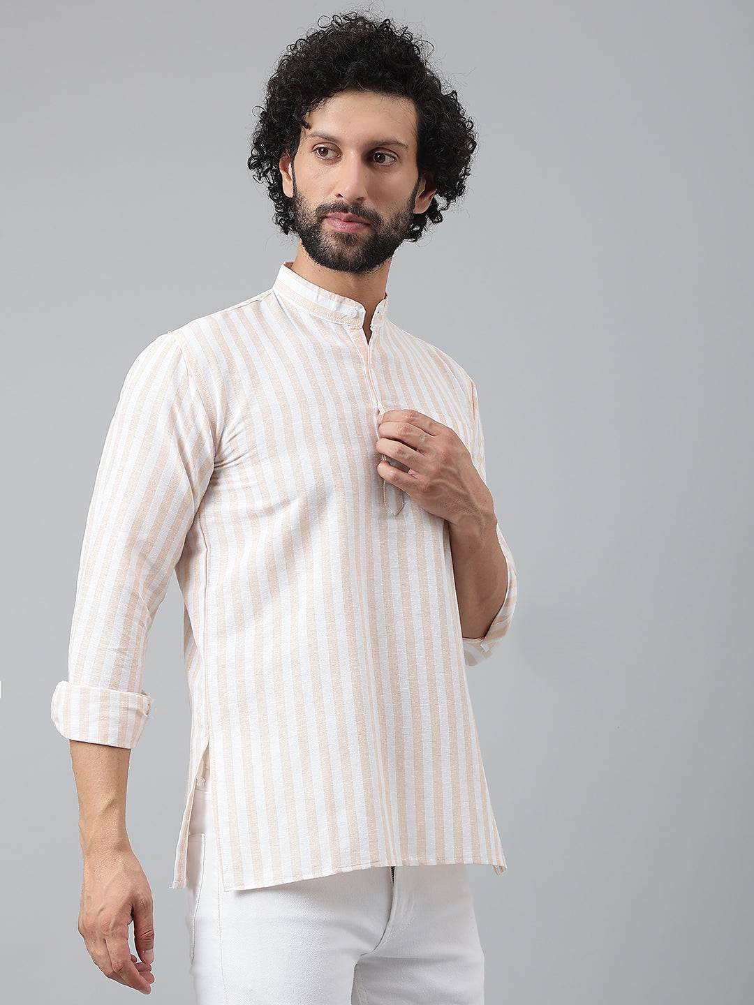 RIAG Beige Color Long Sleeves Casual Men's Cotton Short Kurta