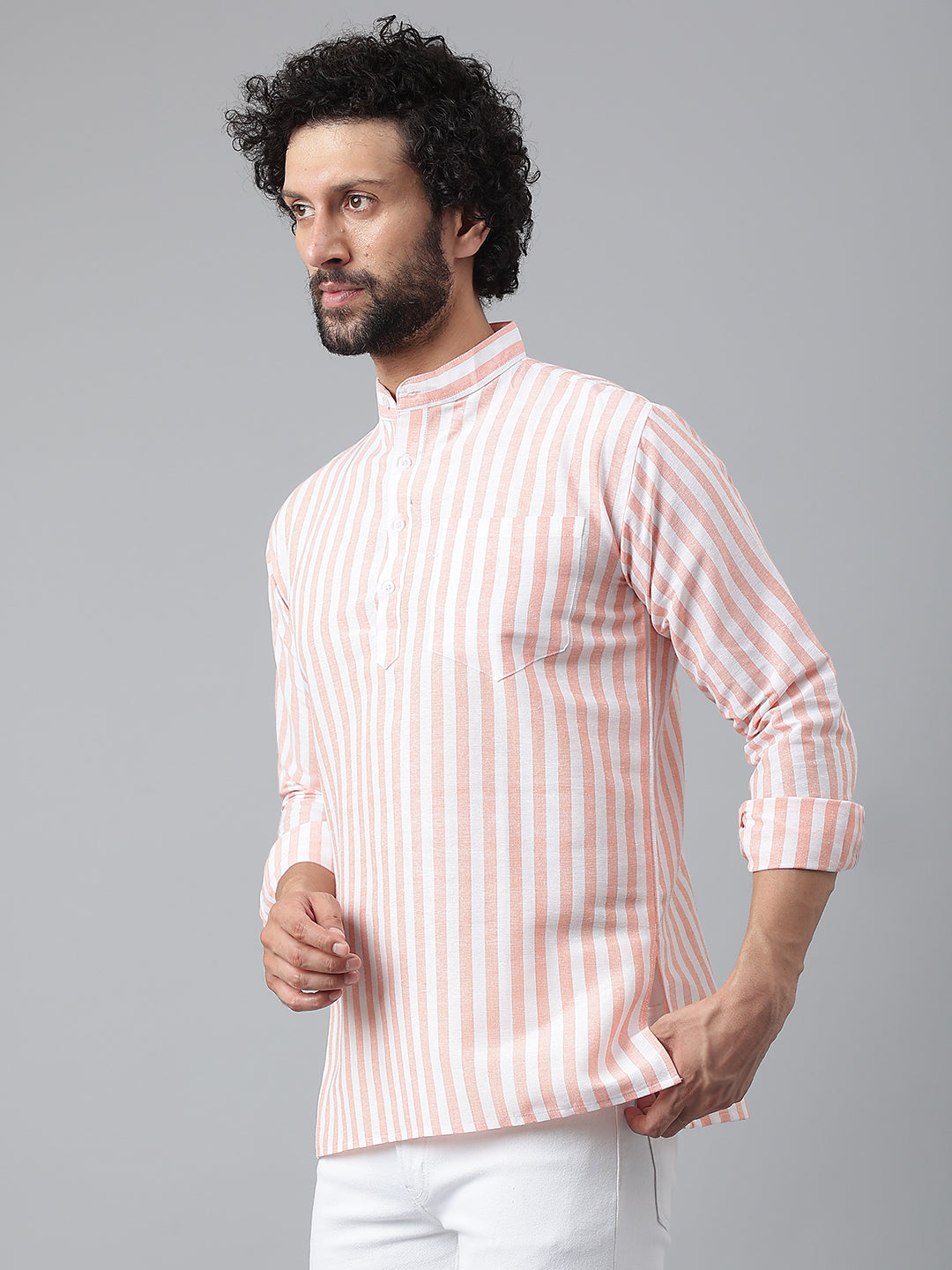RIAG Orange Color Long Sleeves Casual Men's Cotton Short Kurta